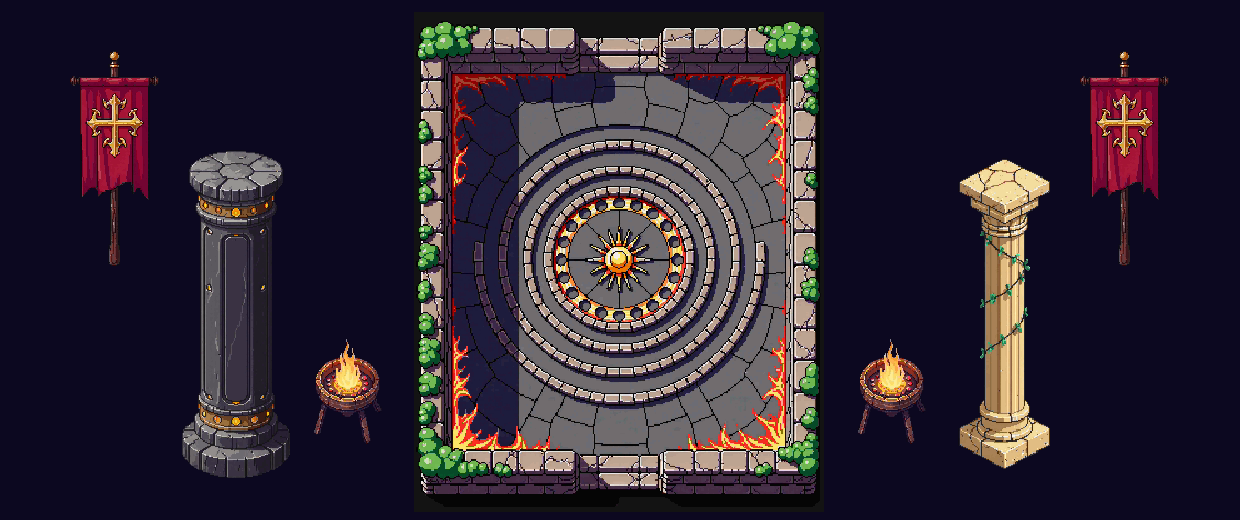 The pillared duel arena — faction pillars, braziers and the burning sun-seal