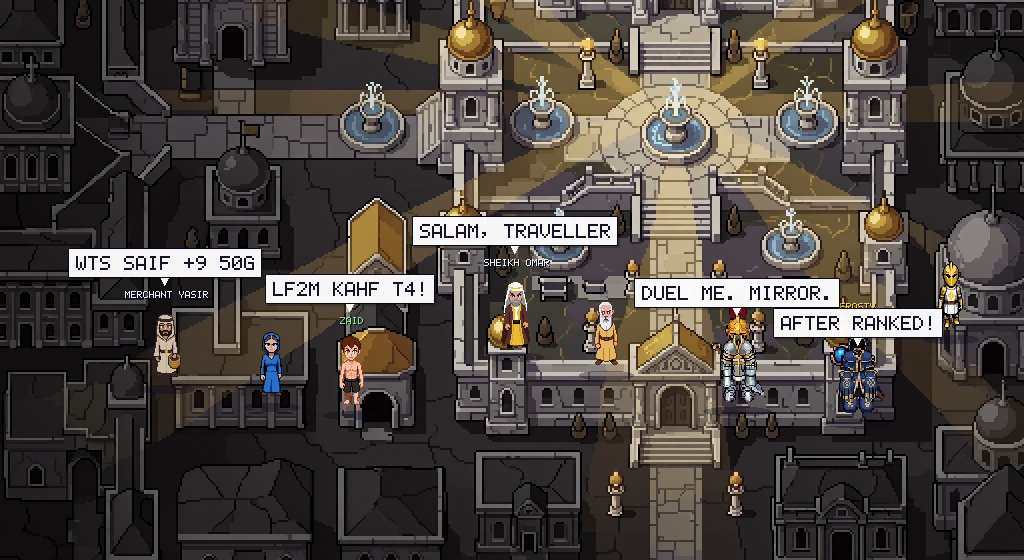 Sun City plaza full of players and NPCs chatting, trading and recruiting